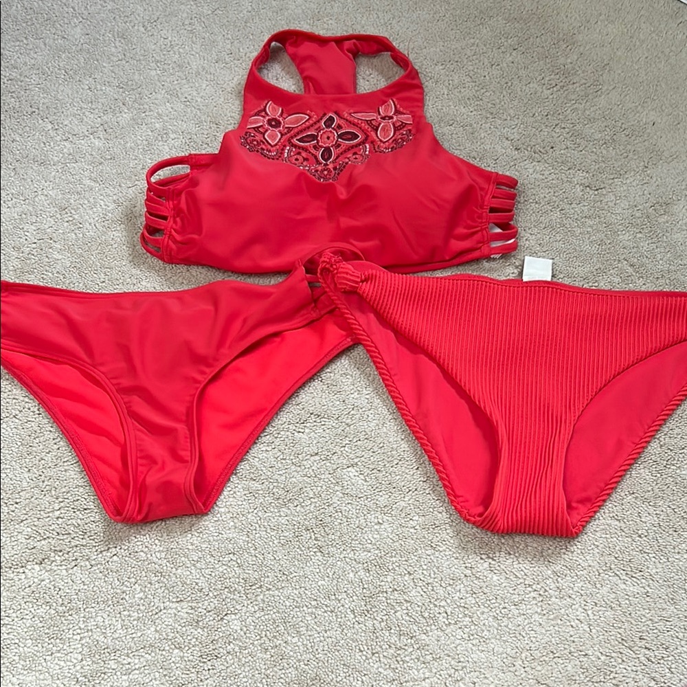 Hollister Orange/ Red Bikini Set with Floral Detail